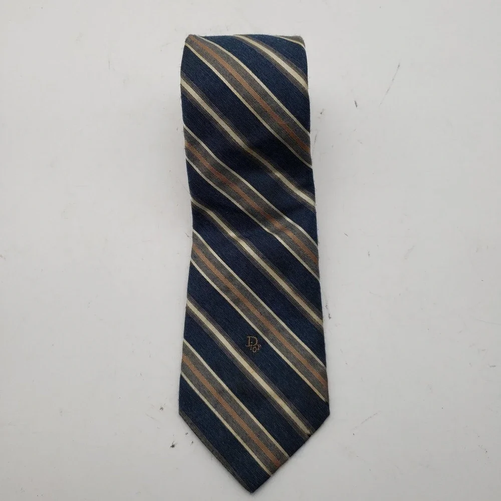 Christian Dior Tie‎ Mens One Size Blue Striped Woven Logo Designer Short Classic